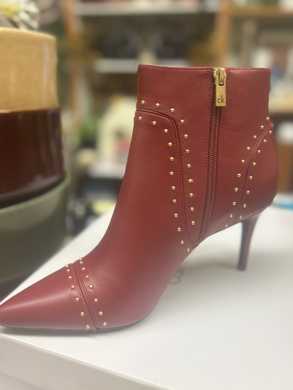 Calvin Klein Burgundy Leather Studded Pointed-Toe Ankle Bootie